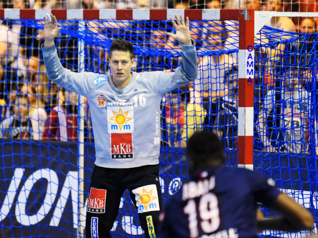 Ein Handballspieler hebt die Hände in der Nähe eines Tors bei der Futsal-Weltmeisterschaft 2019, mit Zuschauern und einem Banner im Hintergrund.