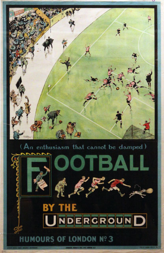Ein Vintage-Plakat, das ein Fußballspiel bewirbt, mit der Aufschrift "Fußball von der U-Bahn - Londoner Humor Nr. 3", das Zuschauer in einem Stadion zeigt.