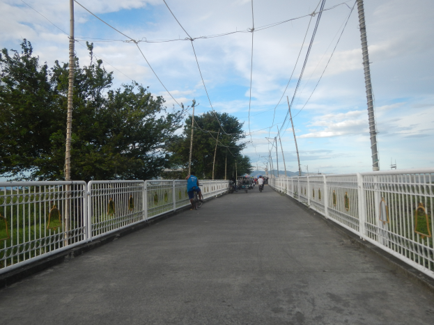 Eine Fußgängerbrücke mit Menschen, die Fahrräder darüber fahren, umgeben von Geländern, Strommasten mit Drähten, Bäumen und einem bewölkten Himmel im Hintergrund.