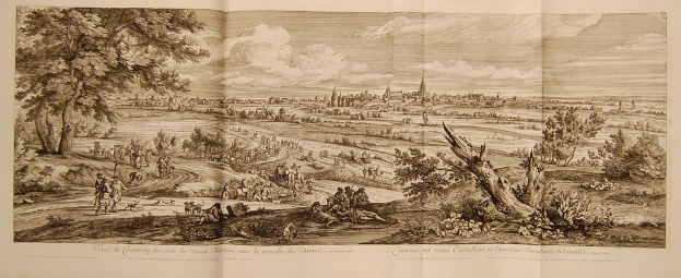 Ein aufgeschlagenes Buch mit dem Titel 'Ansicht der Schlacht von Castellum und Castellium, aus der Illustrated London News' mit einer Landschaftsillustration, die Menschen, Bäume, Pflanzen, Gebäude und Wolken zeigt.
