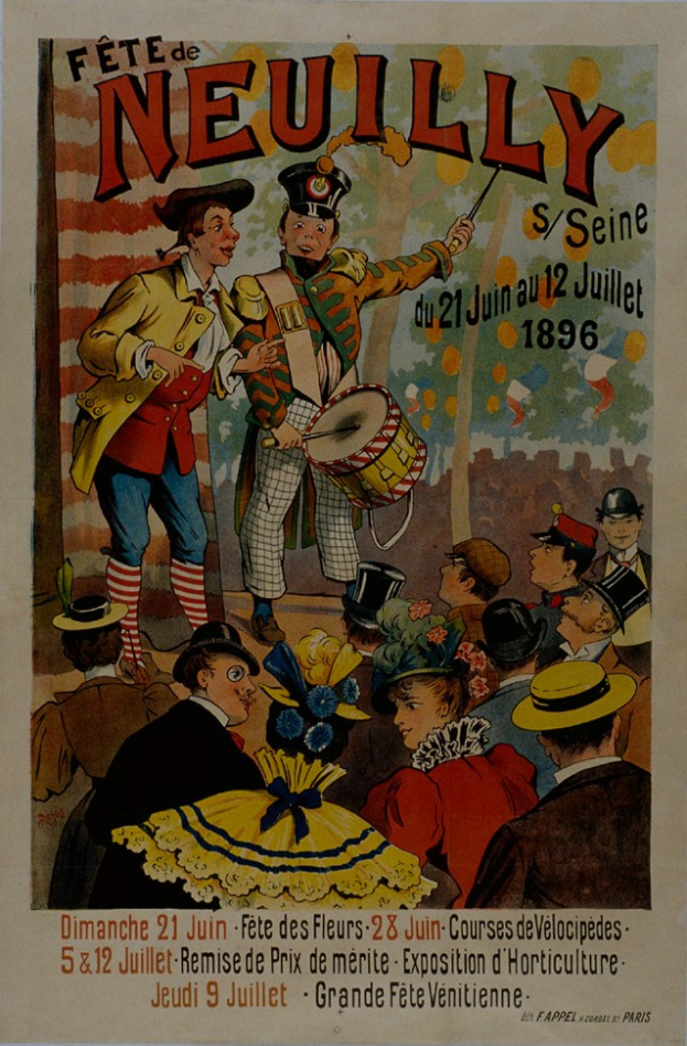 Ein Plakat, das ein Karnevalsfest in Paris, Frankreich, ankündigt, zeigt eine Gruppe von Menschen in bunten Kostümen und Hüten, wobei eine Person ein Musikinstrument hält, und es ist wahrscheinlich Text darauf, der das Karnevalsfest ankündigt.
