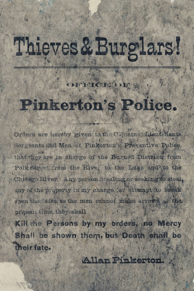Plakat mit fetter schwarzer Schrift "Diebe & Einbrecher Pinkerton's Polizei" auf einem weißen Hintergrund, umrahmt von einem schmalen schwarzen Rand.