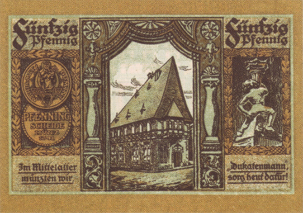 Alte deutsche Banknote mit einer Gebäude-Illustration in der Mitte, umgeben von Text.