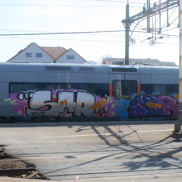 Graffiti-beschmierter Zug mit sichtbaren Kabeln, Häuser mit Fenstern im Hintergrund.