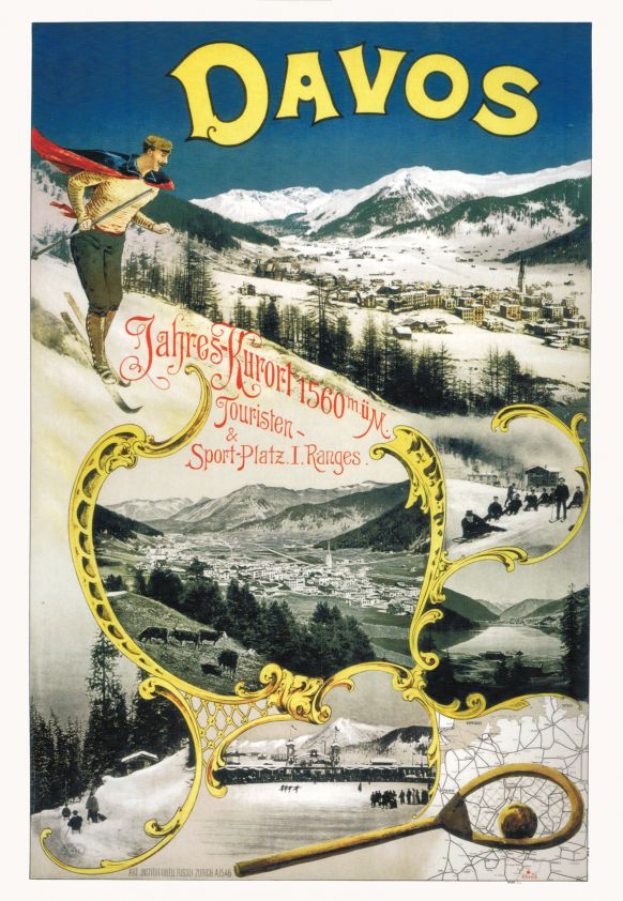 Ein Vintage-Plakat, das den Skiort Davos in der Schweiz bewirbt, zeigt einen Skifahrer vorne mit Bäumen, Häusern und Bergen im Hintergrund sowie beschreibendem Text.