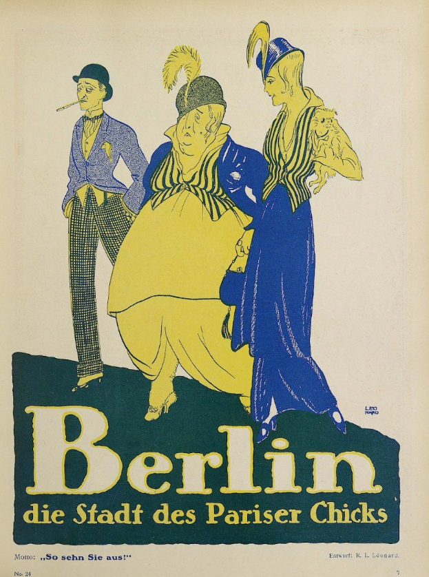 Plakat für ein Konzert in Berlin, Deutschland, mit einer Gruppe farbiger Menschen vor einem Gebäude mit der Aufschrift "Berlin - Die Stadt des Pariser Chicks" oben.