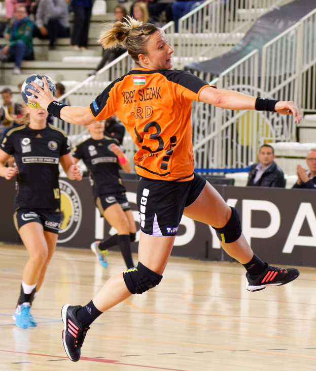 Eine Frau in einem orangen T-Shirt und schwarzen Shorts hält einen Handball, mit Zuschauern und einem "Krp Slezak - Handball-Weltmeisterschaft 2019"-Banner im Hintergrund.
