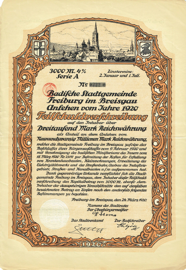 Altes deutsches Aktienzertifikat mit einer Stadtansicht und gedrucktem Text.