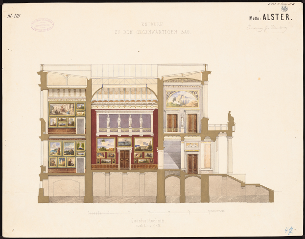 Ein detailliertes Bild eines Opernhauses von außen, geschmückt mit Fenstern, Türen, Säulen und bunten Malereien, die Innenansichten zeigen, sowie begleitendem Text mit historischen Informationen.