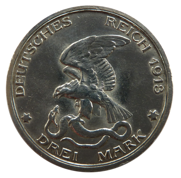 Silbermünze mit einem Adler, der eine Schlange hält, Flügel gespreizt, Text 'Deutsches Reich' auf weißem Hintergrund.