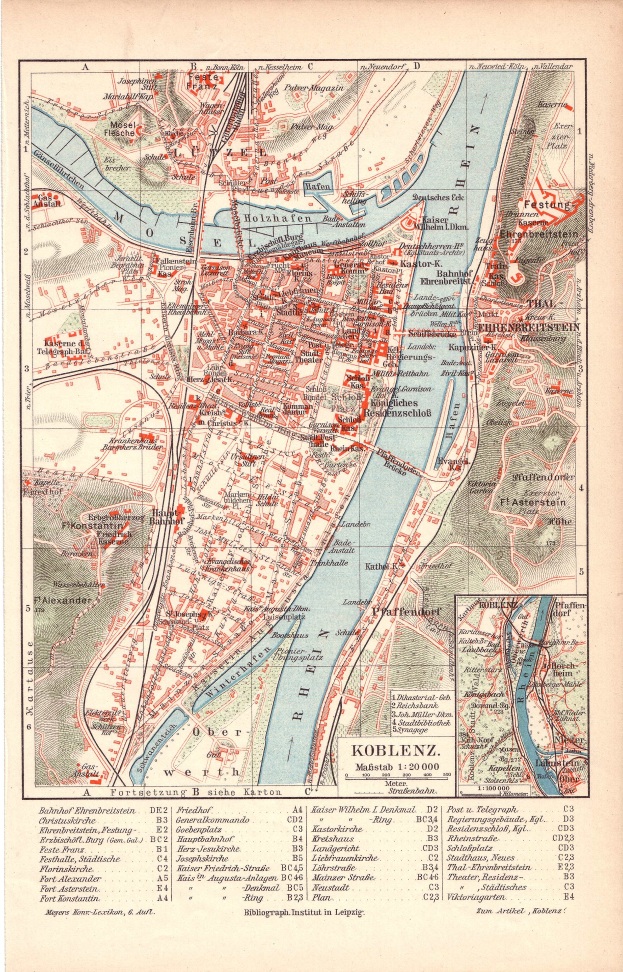 Ein detaillierter alter Stadtplan von Koblenz, Deutschland, der Straßen, Gebäude und Sehenswürdigkeiten zeigt.