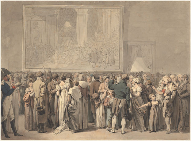 Ein Gemälde einer Menschenmenge, die vor einer Bühne steht, mit einem Foto Rahmen an der Wand und Vorhängen im Hintergrund, betitelt mit "Die Hochzeit von Thomas Rowlandson".