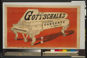 Ein Plakat für Gott'schalk's Abschiedskonzerte in Amerika, das ein Klavier mit Text darauf und Farbskalen unten zeigt.