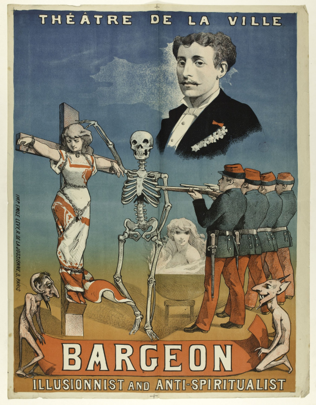 Plakat für das Théâtre de la Ville in Paris mit einem zentralen Skelett mit ausgestreckten Armen, umgeben von verstörten Menschen und fettem Text, der "Bargeon Illusionist und Anti-Spiritualist" lautet.