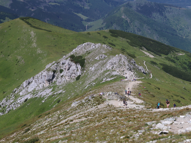 Gruppe von Menschen beim Wandern auf einem Berghang mit grünem Gras und felsigem Gelände, der Himmel ist im Hintergrund sichtbar.
