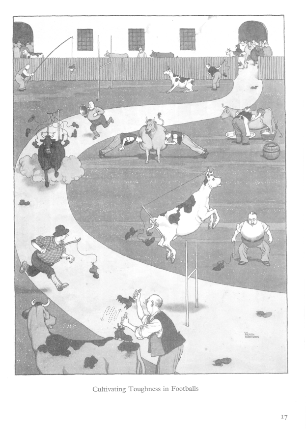 Schwarze und weiße Zeichnung von Menschen und Tieren in einer Wiese mit einer Wand und Fenstern im Hintergrund, mit dem Text "Kultivieren von Härte im Fußball" unten.