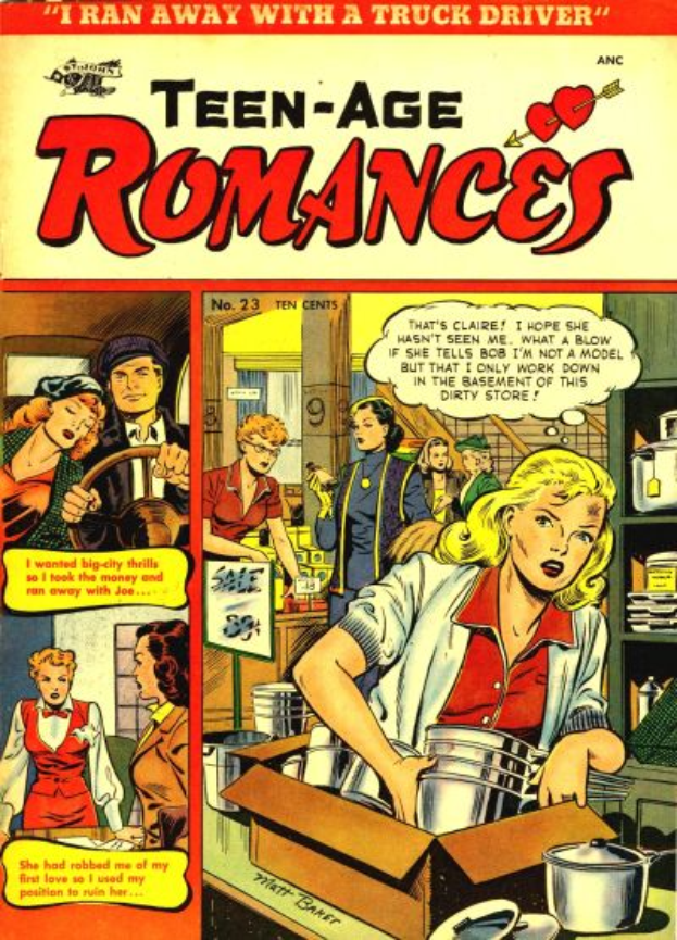 Ein Plakat mit einer Gruppe von Menschen in einer romantischen Umarmung, die strahlen und sich in die Augen schauen, mit der Schrift "Teen-Age Romances 23-A by DC" in fetter Schrift darüber.