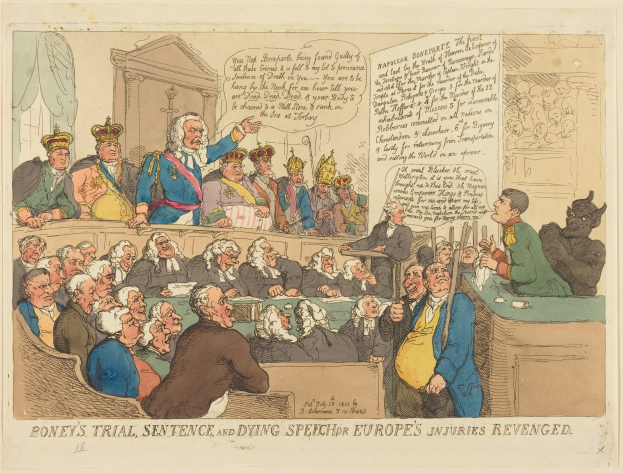 Cartoon-Illustration einer Gerichtsszene mit dem Titel "Boney's Trial, Sentence, and Dying Speech Europe's Injuries Revenged", die eine zentrale stehende Figur mit sitzenden Beobachtern und einen Tisch mit Gegenständen auf der rechten Seite zeigt.
