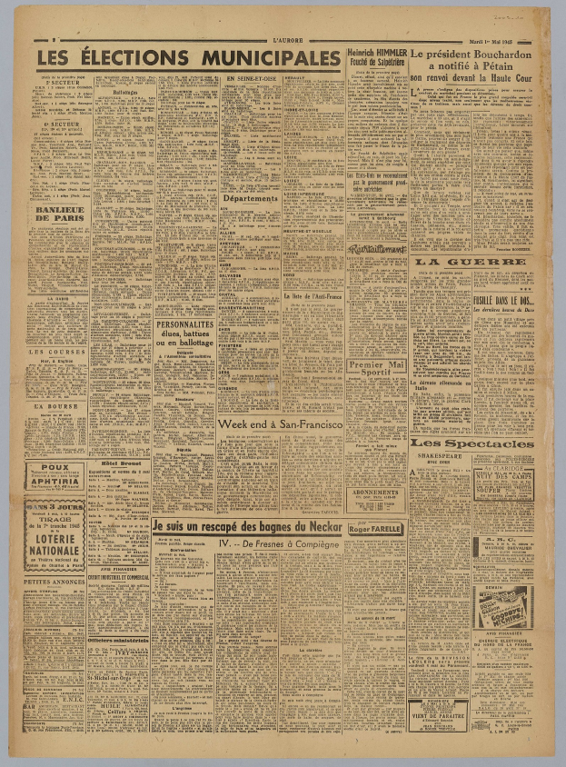 Titelseite der französischen Zeitung *Les Élections Municipales* mit weißem Hintergrund und dichtem Text über Kommunalwahlen.
