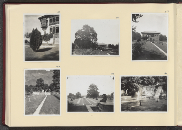 Offenes Buch mit einer Collage aus Schwarz-Weiß-Fotografien, die Bäume in der Mitte zeigen, umgeben von Gebäuden und einem Brunnen.