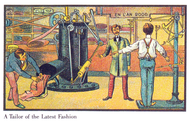 Ein Plakat mit einer Malerei von drei modisch gekleideten Personen vor einer Maschine, mit dem Text "ein Schneider der neuesten Mode" unten.