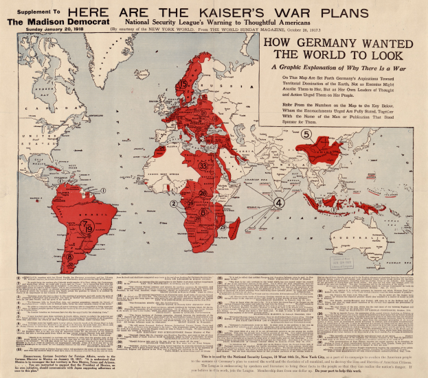 Eine Weltkarte mit farblich unterschiedlichen Ländern und der fett geschriebenen Überschrift "Hier sind die Kriegspläne des Kaisers" oben.