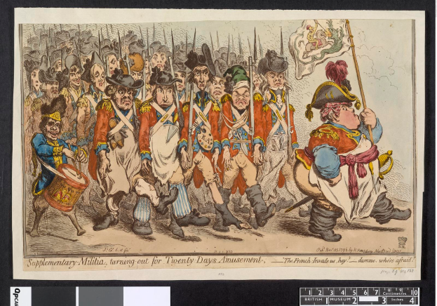 Eine Gruppe von Männern in Militäruniformen marschiert die Straße entlang, einer hält einen Stock, mit Text unten: "Zusätzliche Miliz, Ausmarsch für Zwanzig-Tage-Vergnügen."