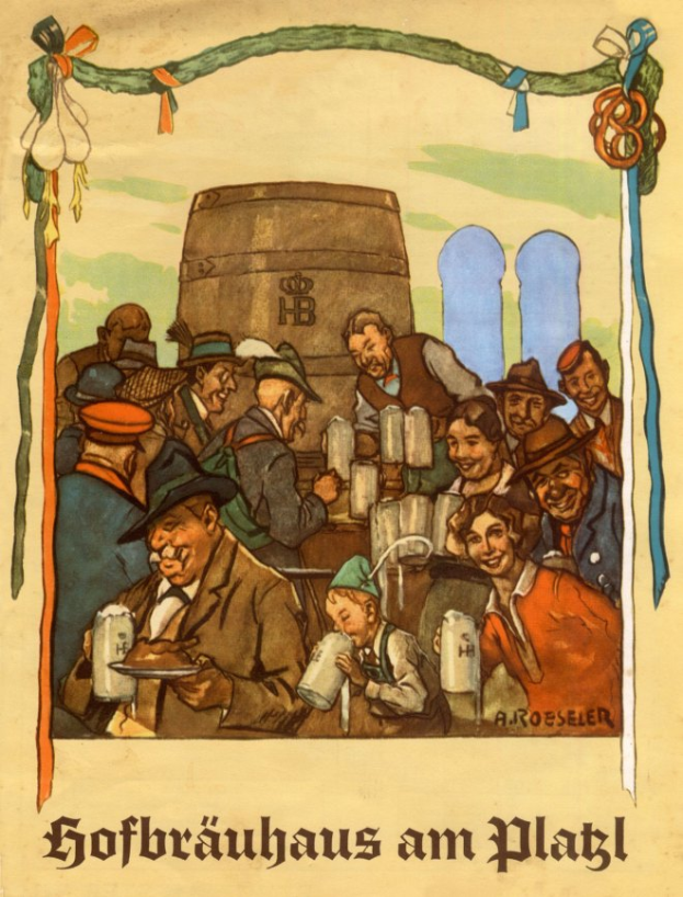 Ein Plakat für ein Bierfest in Deutschland, das eine Gruppe von Menschen zeigt, einige halten Biergläser, mit einem Fass im Hintergrund und deutschem Text unten.