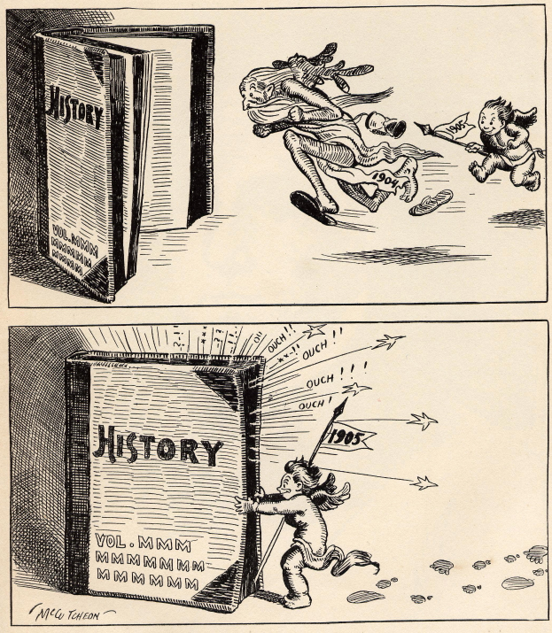 Eine Karikatur eines Mannes und einer Frau, die in Panik vor einem offenen Buch mit einem menschlichen Gesicht auf dem Cover weglaufen, der Text auf dem Buch ist in fetter Schrift.