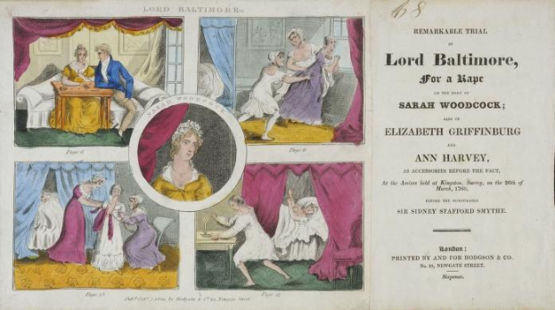 Ein historisches Prozessdokument, das ein Blatt Papier mit Porträts, Vorhängen und Text zeigt, der sich auf den Prozess von Lord Baltimore bezieht.