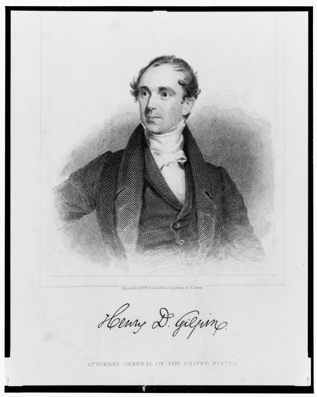 Schwarzes und weißes Porträt von Henry D. Gilpin, ein Mann in Anzug mit ernstem Gesichtsausdruck, mit Text am unteren Bildrand.