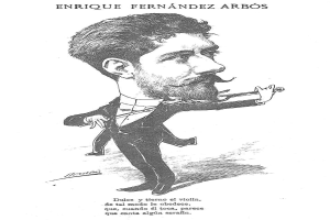 Eine Karikatur eines Mannes mit Schnurrbart und Bart, der eine Geige und ein Blatt Papier h├Ąlt.