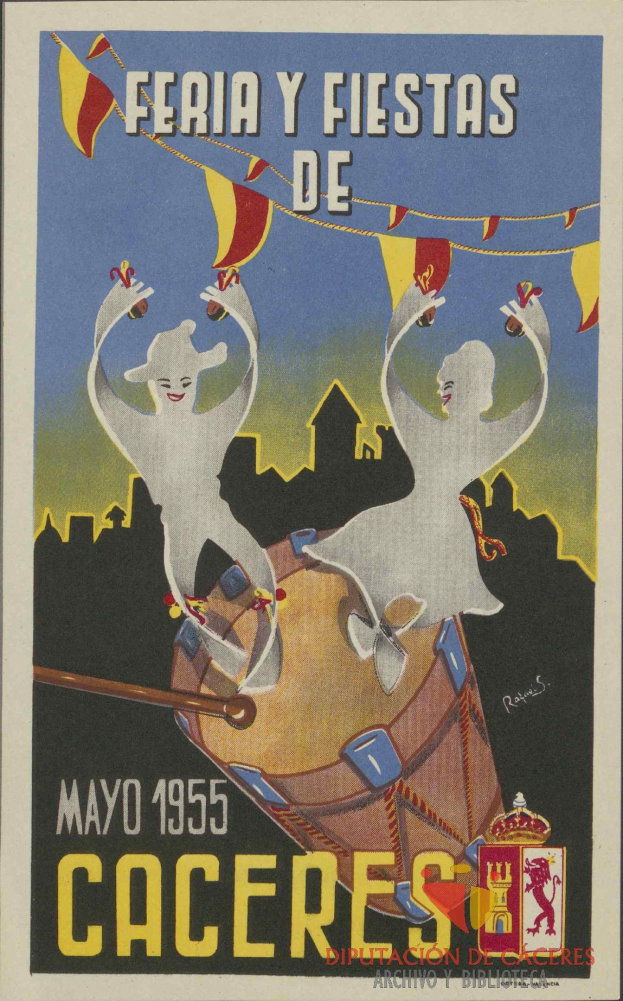 Buntes Plakat, das das 'Feria y Fiestas de Caceres'-Karnival in Spanien ankündigt, mit traditionellen Kostümen, einem gelben Hintergrund und fetter schwarzer Schrift.