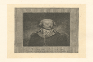 Porträt von George Clinton, dem verstorbenen Gouverneur von New York, der einen Anzug trägt und ernst dreinschaut, direkt in die Kamera blickt, mit dem Text 'George Clinton' unten.