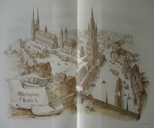 Offenes Buch mit einer detaillierten Zeichnung des Marktplatzes in Galle, Deutschland, mit Gebäuden und handgeschriebenem Text auf der Seite.