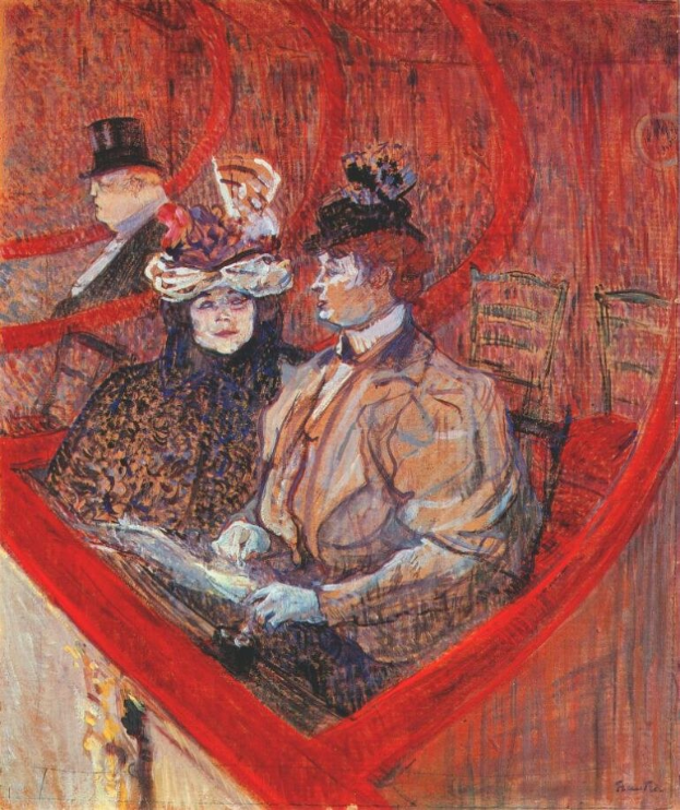 Gemälde mit dem Titel "Die Oper" von Édouard Manet, das zwei formell gekleidete Personen zeigt, die an einem Tisch in einem Raum mit gemustertem Tapeten und einer Stadtlandschaft durch ein großes Fenster sowie einer weiteren Person im Hintergrund sitzen.