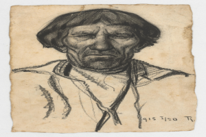 Eine Schwarz-Weiß-Zeichnung eines alten Mannes mit ernstem Gesichtsausdruck, der konzentriert in die Ferne schaut und eine traditionelle Indianer-Kopfschmuck trägt.