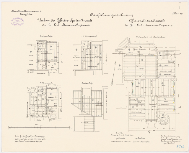 Schwarzes und weißes Grundrissbild des ehemaligen Bundeskanzleramts, das detaillierte architektonische Layout und Textannotationen zeigt.