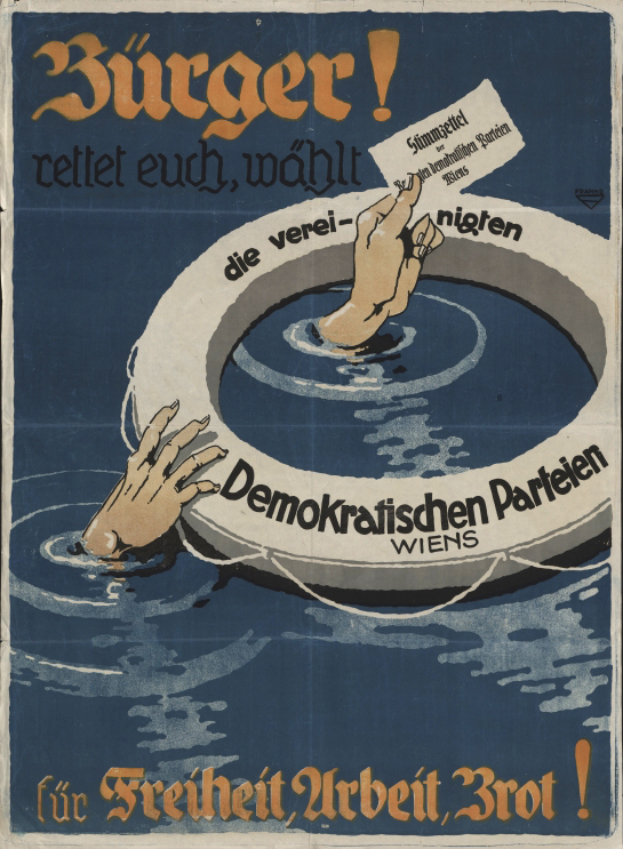 Ein Propagandaplakat mit einer Person, die Hände ins Wasser hält und ein Blatt Papier mit Text hält.