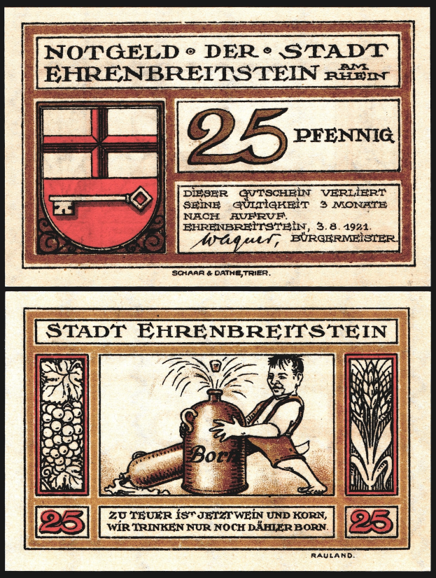 Alte deutsche Banknote mit einem Mann in einem weißen Hemd und blauer Mütze, der eine Bierflasche hält, mit der Aufschrift "Bier" und einem gekrönten Wappen-Logo.