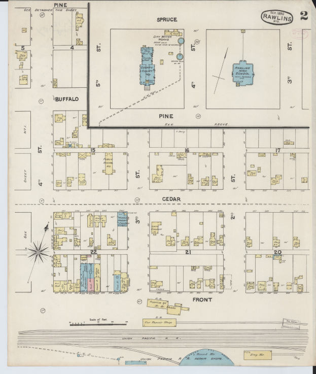 Alte Karte von San Francisco, Kalifornien, die das Rawlins-Schulbezirk mit gedrucktem Text zu seinem Layout hervorhebt.