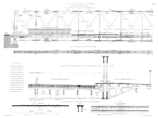Eine detaillierte Zeichnung einer Brücke, einschließlich der Kaiserbrücke in Bremen, mit begleitendem Text.