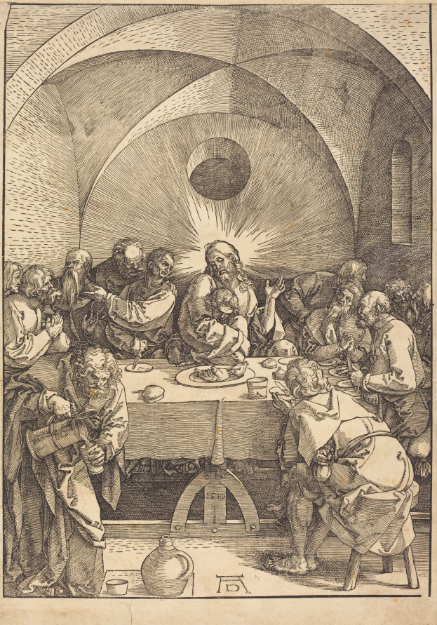 Eine Gruppe von Menschen sitzt um einen Tisch mit Tellern, Schüsseln und anderen Gegenständen, mit dem Text "Das letzte Abendmahl von Albrecht Dürer" unten.