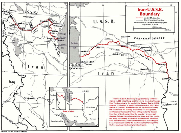 Ein detailliertes Plakat mit einer Karte der iranisch-sowjetischen Grenze, das geografische Merkmale und Landesgrenzen zeigt.