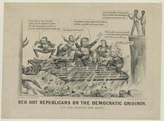 Politischer Cartoon zeigt rote Figuren in Not auf einem Gitterrost mit fetter schwarzer Schrift.