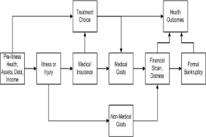 Flussdiagramm, das die Arten medizinischer Kosten veranschaulicht, die mit Vorerkrankung, Gesundheit und Gesundheitsergebnissen verbunden sind, mit verbundenen, beschrifteten K├Ąsten, die Schritte und Interaktionen zeigen.