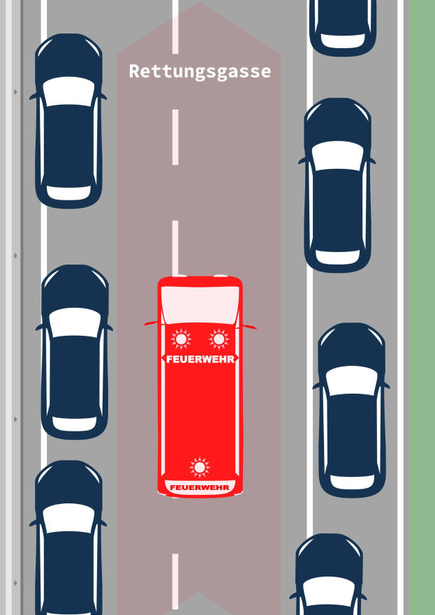 Roter Wagen fährt auf einer Straße mit der deutschen Rettungsgasse-Markierung "Rettungsgasse", umgeben von anderen Fahrzeugen.