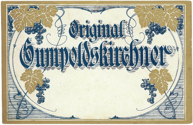 Alte deutsche Wein-Etiketten mit einer Illustration von Trauben und Blättern mit Text, der den Wein-Typ angibt.