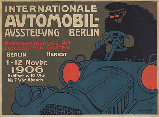 Ein Plakat, das eine internationale Automesse in Berlin ankündigt, mit einer Karikatur einer Person, die ein Auto fährt, und Text.