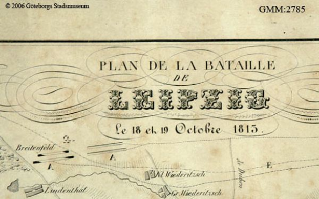 Ein detailliertes altes Schlachtfeld von Leipzig, das verschiedene Kämpfe zeigt und mit Texten über das Datum, die Uhrzeit und den Ort versehen ist.